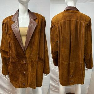 Vintage Women’s L Brown Suede & Leather Oversized Jacket Coat 80s 90s